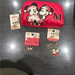 3 piece set Red Quilted Mickey and Minnie Pouch/ bag keychain and earring set